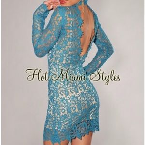 Teal lace nude illusion dress with keyhole back